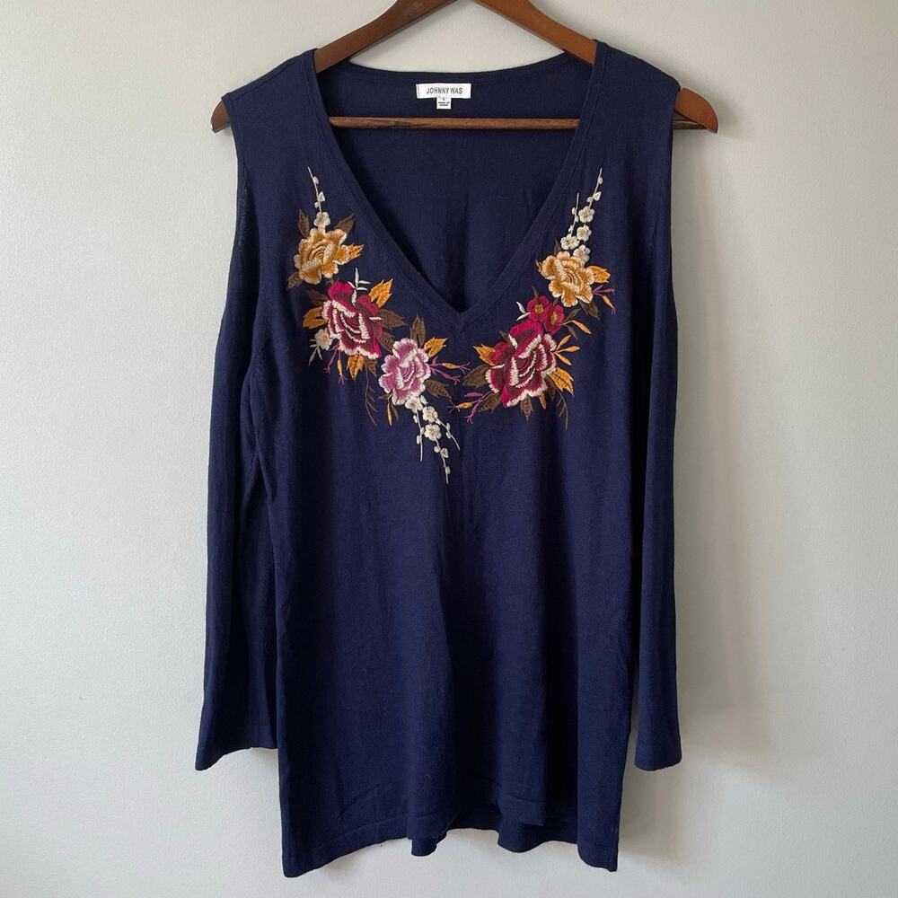 Johnny Was ultrasoft cashmere silk cold shoulder navy sweater embroidered sz L